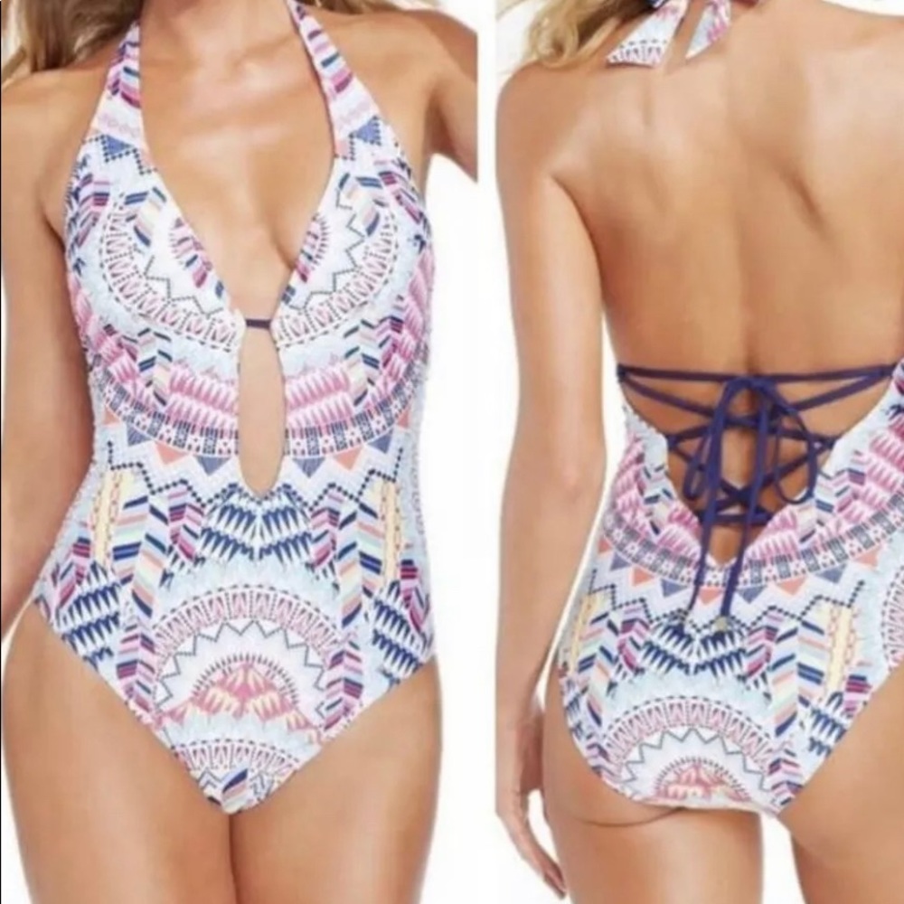 Bar III Talula Halter Low Cut Lace Back Maillot